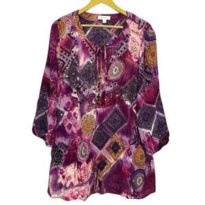 Dressbarn Tunic Top 2X Whimsical Fairy Multicolor Artsy Beaded Sequins V-Neck